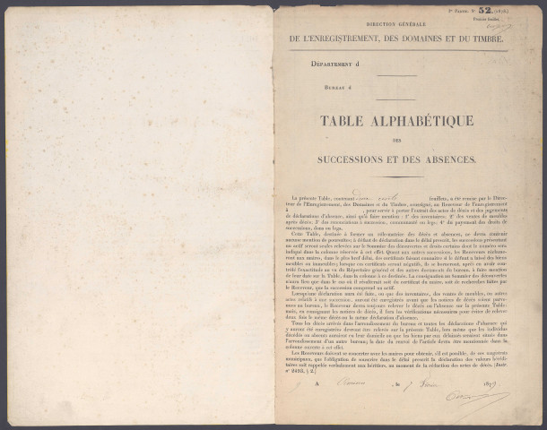 Table des successions et absences du bureau d'Amiens