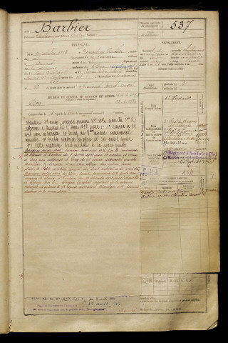 Barbier, Charlemagne Louis Constant, né le 10 octobre 1884 à Domart-en-Ponthieu (Somme), classe 1904, matricule n° 537, Bureau de recrutement d'Amiens