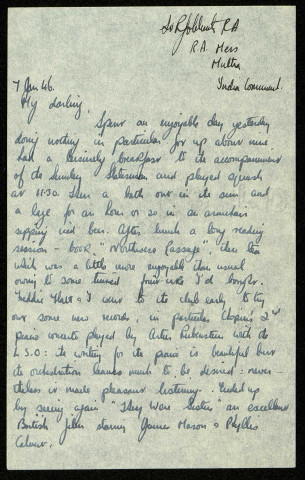 Lt R. Goldwater RA, RA Mess MUTTRA, India Command, 7 Jan. 46 : lettre de Raymond Goldwater à sa fiancée