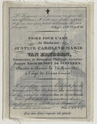 Image en tissu, église d'Hemiksem. Annonce du décès de Madame Justine-Caroline-Marie van Ertborn, décédée à Anvers le 26 mars 1841