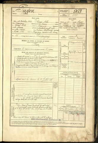 Payen, Désiré, né le 18 octobre 1861 à Condé-Folie (Somme, France), classe 1881, matricule n° 963, Bureau de recrutement d'Amiens