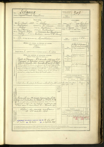 Liégaux, Théophile Oswald Camille, né le 2 avril 1862 à Etelfay (Somme, France), classe 1882, matricule n° 307, Bureau de recrutement de Péronne