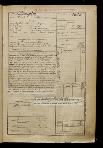 Souplet, Edmond, né le 14 juillet 1899 à Bernes (Somme), classe 1919, matricule n° 1057, Bureau de recrutement de Péronne