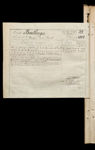 Boullenger, Georges Louis Pascal, né le 04 janvier 1872 à Pierrepont-sur-Avre (Somme), classe 1892, matricule n° 39, Bureau de recrutement de Péronne