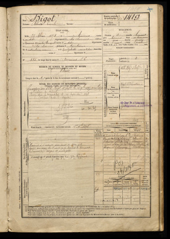 Bigot, Albert Emile, né le 25 mai 1874 à Amiens (Somme), classe 1894, matricule n° 1419, Bureau de recrutement d'Amiens