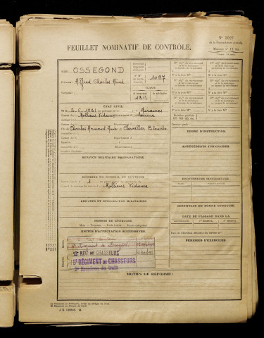 Ossegond, Alfred Charles Aimé, né le 09 juin 1891 à Airaines (Somme), classe 1911, matricule n° 1097, Bureau de recrutement d'Amiens