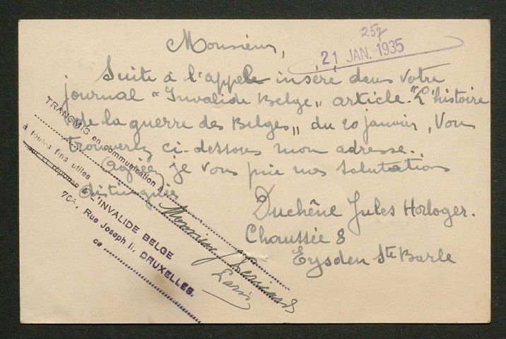 Témoignage de Duchêne, Jules (Sergent) et correspondance avec Jacques Péricard