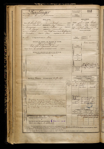 Boulenger, Louis Marcel Oscar, né le 09 avril 1872 à Berny-en-Santerre (Somme), classe 1892, matricule n° 1110, Bureau de recrutement de Péronne