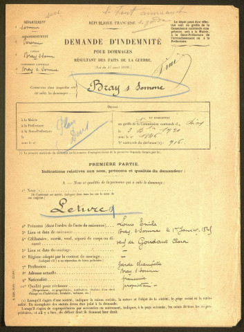 Bray-sur-Somme. Demande d'indemnisation des dommages de guerre : dossier Leturcq-Goudant