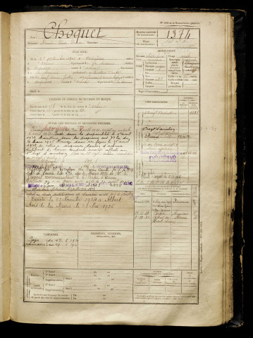 Choquet, Firmin Côme Damien, né le 27 septembre 1901 à Arquèves (Somme), classe 1921, matricule n° 1374, Bureau de recrutement d'Abbeville