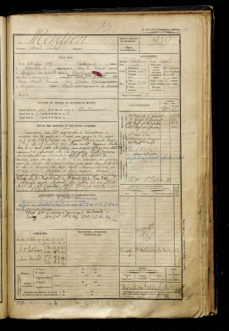 Merdien, Arcole Sabat, né le 28 mai 1899 à Isbergues (Pas-de-Calais), classe 1919, matricule n° 959, Bureau de recrutement d'Abbeville