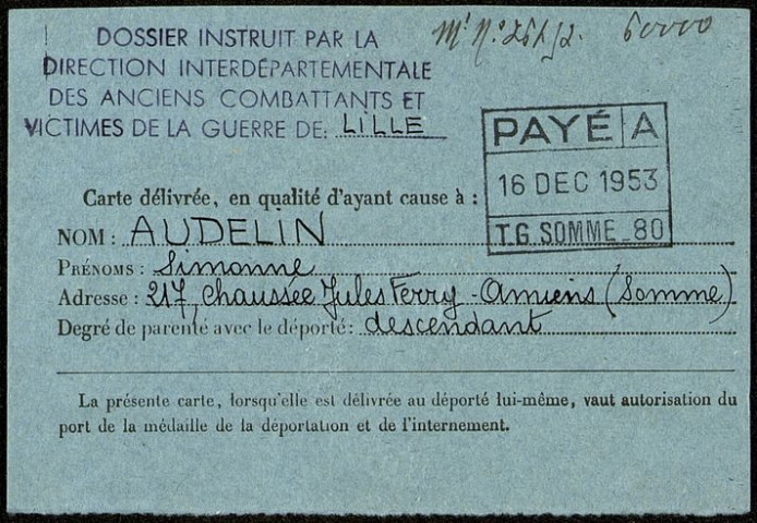 Demande de carte au titre de déporté politique formulée par Simonne Lazard en qualité de descendant de Berthe Dreyfus