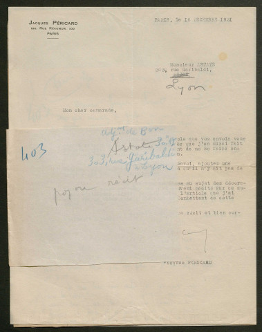 Témoignage de Astate, Joseph et correspondance avec Jacques Péricard
