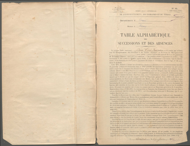 Table des successions et absences du bureau de Hornoy-le-Bourg