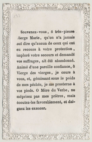 Image pieuse dentelle. Notre Dame de Lourdes priez pour nous. Notre Dame de Lourdes