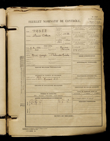 Pagez, Louis Octave, né le 07 septembre 1891 à Amiens (Somme), classe 1911, matricule n° 1033, Bureau de recrutement d'Amiens