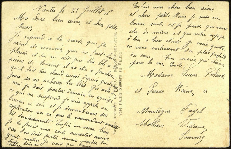 Carte postale "le langage des timbres" adressée par Emile Sueur (1886-1948) à Julienne Colard (1887-1974) et sa fille Reine