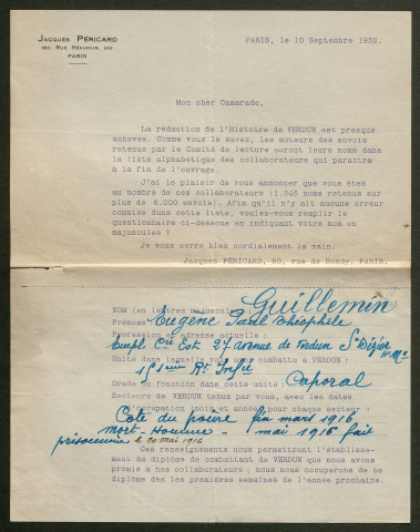 Témoignage de Guillemin, Eugène (Caporal) et correspondance avec Jacques Péricard