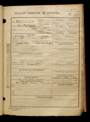 Thuillier, Louis Paul Joseph Victor, né le 03 mai 1892 à Amiens (Somme), classe 1912, matricule n° 1111, Bureau de recrutement d'Amiens