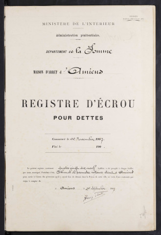 Maison d'arrêt d'Amiens. Dettiers. Registre d'écrou : numéros 1 à 297. 15 novembre 1907 - 06 octobre 1908