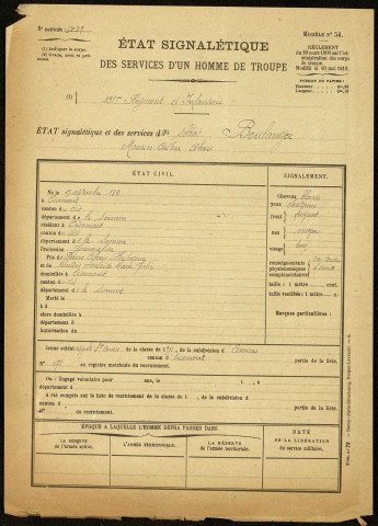Boulanger, Maurice Arthur Alexis, né le 15 septembre 1891 à Oisemont (Somme), classe 1911, matricule n° 1171, Bureau de recrutement d'Amiens