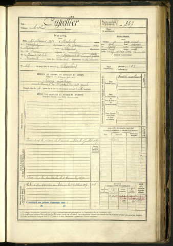 Capellier, Arthur, né le 25 février 1861 à Herleville (Somme, France), classe 1881, matricule n° 857, Bureau de recrutement Péronne