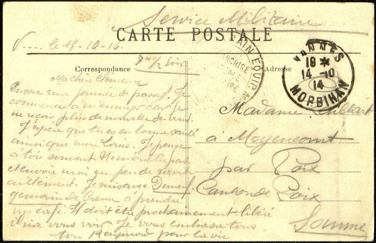 Carte postale intitulée "Vannes. Vue générale du port". Correspondance de Raymond Paillart à sa femme Clémence