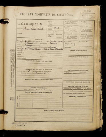 Caumartin, Louis Victor Emile, né le 10 juillet 1891 à Bertrancourt (Somme), classe 1911, matricule n° 904, Bureau de recrutement d'Amiens