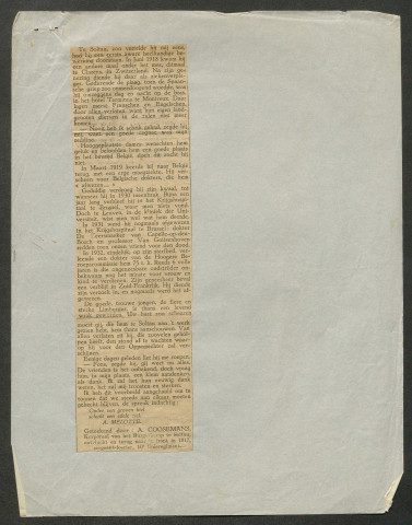 Témoignage de Coosemans, A. (Sergent fourrier) et correspondance avec Jacques Péricard
