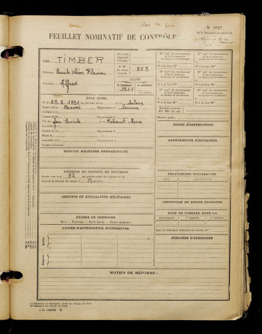 Timber, Emile Léon Flavien, né le 29 mars 1891 à Saleux (Somme), classe 1911, matricule n° 869, Bureau de recrutement d'Amiens