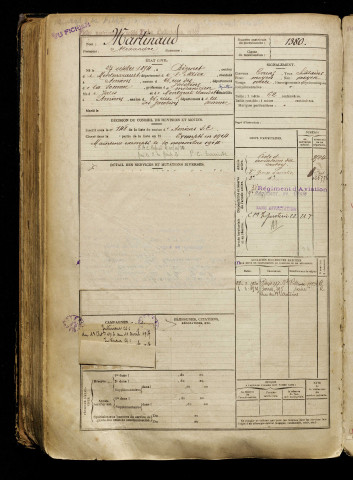 Martinaud, Alexandre, né le 27 octobre 1894 à Bézenet (Allier), classe 1914, matricule n° 1380, Bureau de recrutement d'Amiens