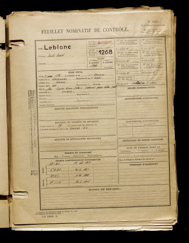Leblanc, Emile Ernest, né le 08 mai 1890 à Grougis (Aisne), classe 1910, matricule n° 1268, Bureau de recrutement d'Amiens