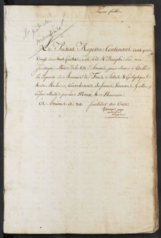 Maison de correction dite Bicêtre à Amiens. Registre d'infirmerie : dépense des journées de fous, folles et épileptiques, et de malades, convalescents, infirmes, vénériens et galeux, enfants allaités par leur mère et en nourrice. vendémiaire an XII (24 septembre-23 octobre 1803) - Mars 1812