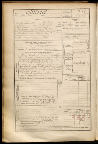 Blériot, Octave Léonce, né le 20 février 1866 à Villers-Faucon (Somme), classe 1886, matricule n° 711, Bureau de recrutement de Péronne