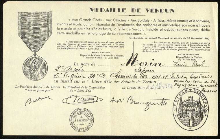 Certificat de la médaille de Verdun décernée à Louis Paul Morin