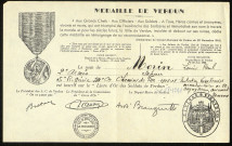 Certificat de la médaille de Verdun décernée à Louis Paul Morin