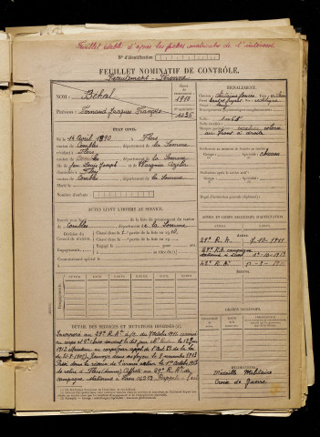 Béhal, Fernand Jacques François, né le 14 avril 1890 à Flers (Somme), classe 1910, matricule n° 1036, Bureau de recrutement de Péronne