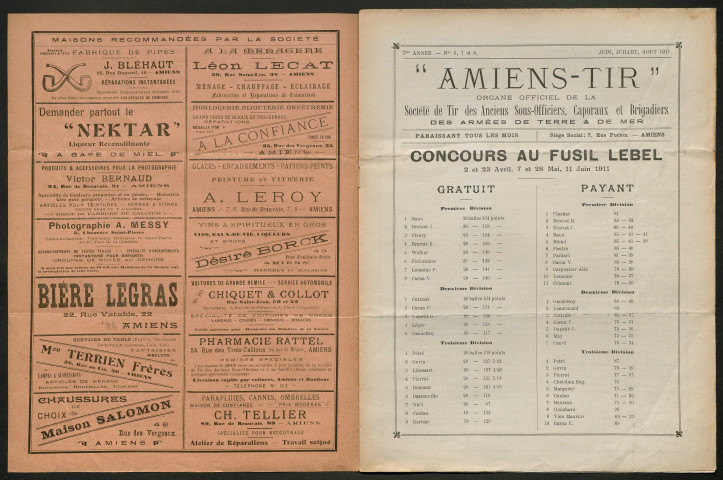 Amiens-tir, organe officiel de l'amicale des anciens sous-officiers, caporaux et soldats d'Amiens, numéro 6, 7 et 8 (juin 1911 - août 1911)