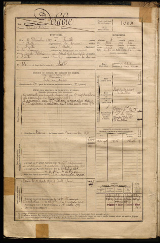 Delabie, Charles Frédéric, né le 18 décembre 1867 à Friville-Escarbotin (Somme), classe 1887, matricule n° 1004, Bureau de recrutement d'Abbeville