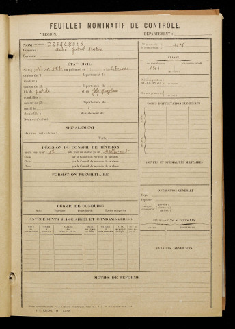 Defacques, André Gabriel Aristide, né le 16 novembre 1894 à Citerne (Somme), classe 1914, matricule n° 1196, Bureau de recrutement d'Abbeville