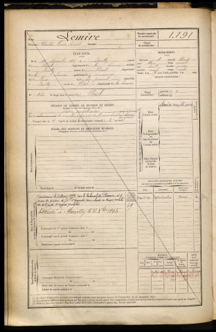 Lemire, Charles Louis Anicet, né le 11 novembre 1865 à Poeuilly (Somme), classe 1885, matricule n° 1191, Bureau de recrutement de Péronne