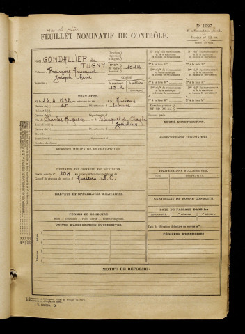 Gondallier de Tugny, François Armand Joseph Marie, né le 23 avril 1892 à Amiens (Somme), classe 1912, matricule n° 1019, Bureau de recrutement d'Amiens