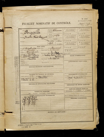 Ripaille, Nicolas Max Raymond, né le 01 décembre 1890 à Rancourt (Somme), classe 1910, matricule n° 1074, Bureau de recrutement de Péronne