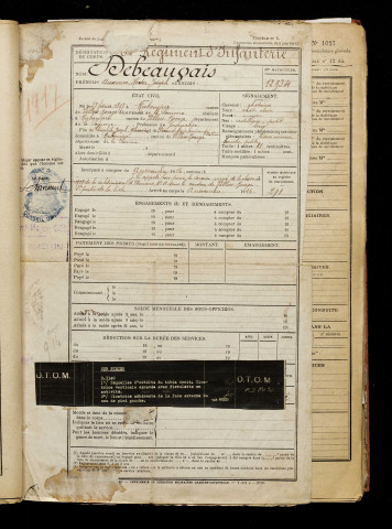 Debeauvais, Auxence Hector Joseph, né le 27 février 1897 à Rubempré (Somme), classe 1917, matricule n° 291, Bureau de recrutement d'Amiens