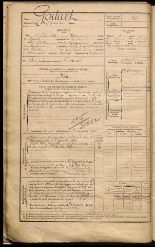 Godart, Jean Baptiste Gustave Désiré, né le 21 juin 1869 à Berteaucourt-les-Dames (Somme), classe 1889, matricule n° 20, Bureau de recrutement d'Abbeville