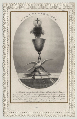 Image pieuse dentelle. L'âme persécutée. Calice et Sacré Coeur de Jésus