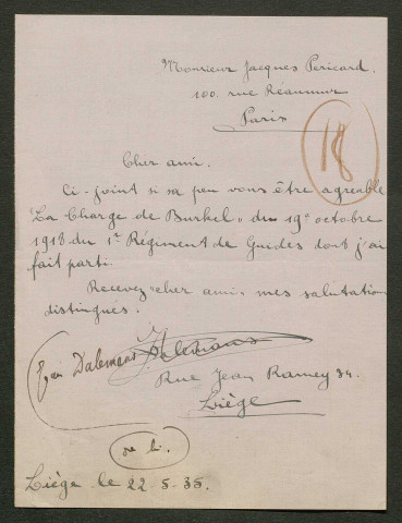 Témoignage de Dalemans, Jean et correspondance avec Jacques Péricard