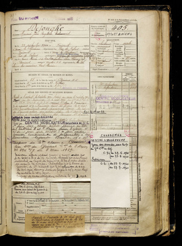 Dejonghe, Maurice Jean Baptiste Edouard, né le 22 septembre 1900 à Frévent (Pas-de-Calais), classe 1920, matricule n° 405, Bureau de recrutement d'Amiens