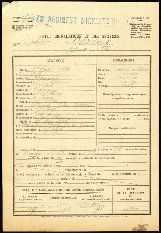 Bardoux, Gaston Florian, né le 01 avril 1884 à l'Etoile (Somme), classe 1904, matricule n° 109, Bureau de recrutement d'Amiens