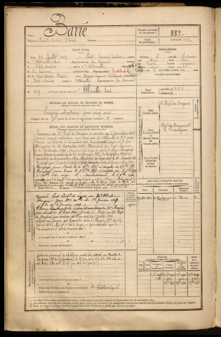 Barré, Emile Arsène Désiré, né le 22 juillet 1867 à Cambron (Somme), classe 1887, matricule n° 882, Bureau de recrutement d'Abbeville
